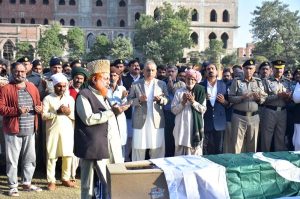 Federal Minister for Communications Abdul Aleem Khan attends the funeral prayers of Motorway Police martyrs