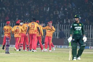 Zimbabwe batsman Tadiwanashe Marumani plays a shot during the Pakistan T20I Tri-Nation Series cricket match against Pakistan in Rawalpindi stadium