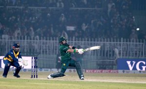 Pakistan’s Sahibzada Farhan plays a shot during the T20I Tri-Nation Series final match against Sri Lanka at the Rawalpindi Cricket Stadium.