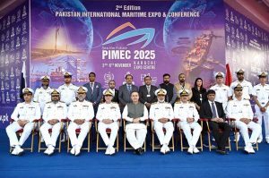 A group photo Chief Guest Federal Minister for Maritime Affairs Muhammad Junaid Anwar Chaudhry along with Chief of Staff (Vice Chief of Naval Staff) Vice Admiral Raja Rab Nawaz, Vice Admiral Muhammad Faisal Abbasi HI (M) Commander Karachi and others officials after closing ceremony on the last day of the Pakistan International Maritime Expo & Conference PIMEC-2025 at Expo Centre