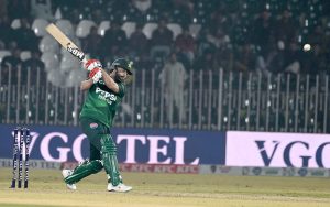 Pakistan’s Muhammad Nawaz plays a shot during the Pakistan T20I Tri-Nation Series match against Zimbabwe in Rawalpindi Stadium