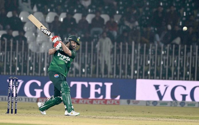 Pakistan’s Muhammad Nawaz plays a shot during the Pakistan T20I Tri-Nation Series match against Zimbabwe in Rawalpindi Stadium