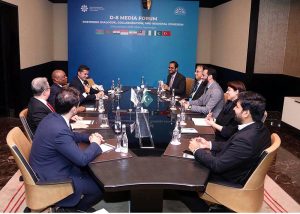 Federal Minister for Information and Broadcasting, Mr. Attaullah Tarar, in a meeting with D-8 Secretary General Ambassador Isiaka Abdulqadir Imam