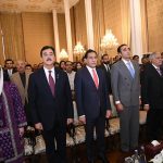 First Lady Bibi Aseefa Bhutto Zardari, Chairman Senate Syed Yousuf Raza Gilani, Speaker National Assembly Sardar Ayaz Sadiq, Chairman PPP Bilawal Bhutto Zardari and Deputy Prime Minister and Foreign Minister Muhammad Ishaq Dar at the oath taking ceremony of the Chief Justice of the Constitutional Court at Aiwan e Sadr.
