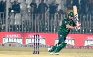 Pakistan’s Muhammad Nawaz plays a shot during the Pakistan T20I Tri-Nation Series match against Zimbabwe in Rawalpindi Stadium