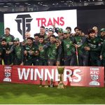 Pakistani players celebrate and pose for a group photo with the trophy after winning the series and the third Twenty20 International cricket match between Pakistan and South Africa at the Gaddafi Cricket Stadium.