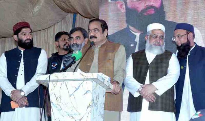 Advisor to the Prime Minister, Senator Rana Sanaullah Khan, addresses the Khatm-e-Nabuwat conference on the eve of the 27th anniversary of renaming Rabwa to Chenab Nagar at Public Library Park in Chiniot