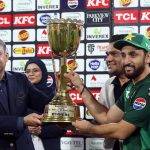 Pakistan’s captain Salman Ali Agha receives the trophy from PCB Chairman Mohsin Naqvi after winning the series and the third Twenty20 International cricket match between Pakistan and South Africa at the Gaddafi Cricket Stadium.