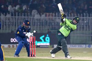 Sri Lankan players celebrates a wicket of Pakistani batter Haseebullah Khan during the 3rd one day international cricket match between Pakistan and Sri Lanka at Pindi Cricket Stadium.