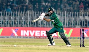 Pakistan’s Muhammad Nawaz plays a shot during the Pakistan T20I Tri-Nation Series match against Zimbabwe in Rawalpindi Stadium