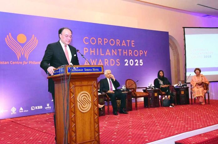 Federal Minister for Finance and Revenue, Senator Muhammad Aurangzeb addressing the Launch and Award Ceremony of the Corporate Philanthropy Report 2024