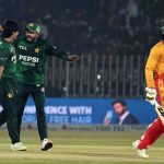 Pakistani players celebrates a wicket of Zimbabwe’s Tadiwanashe Marumani during the Pakistan T20I Tri-Nation Series cricket match between Zimbabwe and Pakistan at Pindi Cricket Stadium