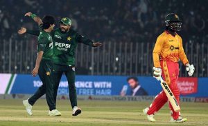 Pakistani players celebrates a wicket of Zimbabwe’s Tadiwanashe Marumani during the Pakistan T20I Tri-Nation Series cricket match between Zimbabwe and Pakistan at Pindi Cricket Stadium
