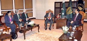 Chairman Senate, Syed Yousaf Raza Gilani exchanging views with Abdul Raheem Abdulla, Speaker Of The People's Majlis Of Maldives