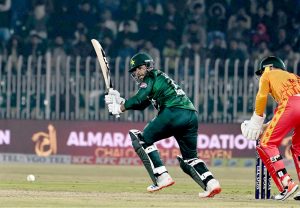 Pakistan’s Muhammad Nawaz plays a shot during the Pakistan T20I Tri-Nation Series match against Zimbabwe in Rawalpindi Stadium