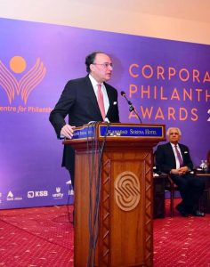 Federal Minister for Finance and Revenue, Senator Muhammad Aurangzeb addressing the Launch and Award Ceremony of the Corporate Philanthropy Report 2024