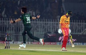 Pakistani players celebrates a wicket of Zimbabwe’s Tadiwanashe Marumani during the Pakistan T20I Tri-Nation Series cricket match between Zimbabwe and Pakistan at Pindi Cricket Stadium