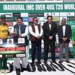 Chairman Senate Standing Committee on Cabinet Secretariat Senator Rana Mahmood-ul-Hassan present Player of the match award to South Africa player Stephan Joubert after winning the cricket match against West Indies during the IMC over 40s T20 World Cup 2025 at National Stadium