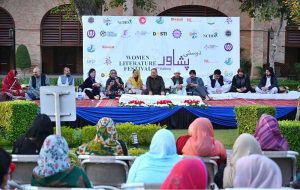 Eminent poet present his poetry during Dosti Peshawar Women Literature Festival 3rd Edition Mushaira-2025
