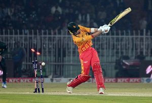 Pakistani players celebrates a wicket of Zimbabwe’s Tadiwanashe Marumani during the Pakistan T20I Tri-Nation Series cricket match between Zimbabwe and Pakistan at Pindi Cricket Stadium