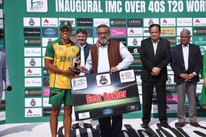 Chairman Senate Standing Committee on Cabinet Secretariat Senator Rana Mahmood-ul-Hassan present Player of the match award to South Africa player Stephan Joubert after winning the cricket match against West Indies during the IMC over 40s T20 World Cup 2025 at National Stadium
