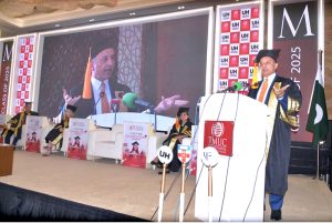 Federal Minister for Climate Change and Environmental Coordination, Senator Dr. Musadik Masood Malik, delivers the keynote speech as Chief Guest at the Graduation Ceremony of the Millennium Universal College (TMUC)