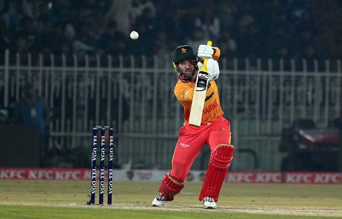 Zimbabwe’s batter Brendan Taylor plays a shot during the Pakistan T20I Tri-Nation Series cricket match between Zimbabwe and Pakistan at Pindi Cricket Stadium
