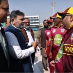 Chairman Senate Standing Committee on Cabinet Secretariat Senator Rana Mahmood-ul-Hassan and committee member Aamir Waliuddin Chishti meet the West Indies cricket team during the IMC Over 40s T20 World Cup 2025 while visiting the National Stadium