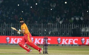 Zimbabwe’s batter Brendan Taylor plays a shot during the Pakistan T20I Tri-Nation Series cricket match between Zimbabwe and Pakistan at Pindi Cricket Stadium