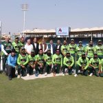 Chairman Senate Standing Committee on Cabinet Secretariat Senator Rana Mahmood-ul-Hassan and committee member Aamir Waliuddin Chishti in a group photograph with Pakistan cricket team during the IMC Over 40s T20 World Cup 2025 while visiting the National Stadium