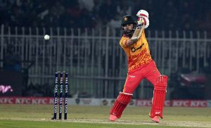 Zimbabwe’s batter Brendan Taylor plays a shot during the Pakistan T20I Tri-Nation Series cricket match between Zimbabwe and Pakistan at Pindi Cricket Stadium
