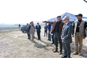 Prime Minister Muhammad Shehbaz Sharif receives briefing during his visit to the construction site of Jinnah Medical Complex and Danish University.