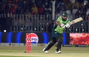 Pakistani batter Babar Azam plays a shot during the second one day international cricket match between Pakistan and Sri Lanka at Pindi Cricket Stadium.