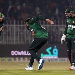 Pakistani player celebrates a wicket of Zimbabwe’s batter Tashinga Musekiwa during the Pakistan T20I Tri-Nation Series cricket match between Zimbabwe and Pakistan at Pindi Cricket Stadium