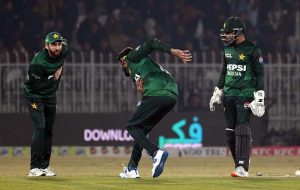 Pakistani player celebrates a wicket of Zimbabwe’s batter Tashinga Musekiwa during the Pakistan T20I Tri-Nation Series cricket match between Zimbabwe and Pakistan at Pindi Cricket Stadium