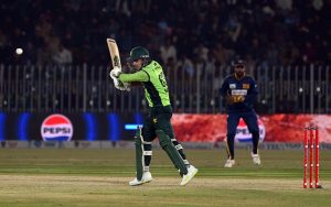 Pakistani batter Babar Azam plays a shot during the second one day international cricket match between Pakistan and Sri Lanka at Pindi Cricket Stadium.