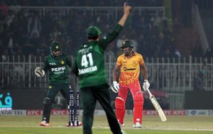 Pakistani player celebrates a wicket of Zimbabwe’s batter Tashinga Musekiwa during the Pakistan T20I Tri-Nation Series cricket match between Zimbabwe and Pakistan at Pindi Cricket Stadium