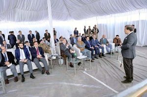 Prime Minister Muhammad Shehbaz Sharif receives briefing during his visit to the construction site of Jinnah Medical Complex and Danish University.