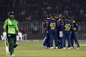 Pakistani batter Babar Azam plays a shot during the second one day international cricket match between Pakistan and Sri Lanka at Pindi Cricket Stadium.
