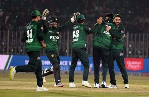 Pakistani player celebrates a wicket of Zimbabwe’s batter Tashinga Musekiwa during the Pakistan T20I Tri-Nation Series cricket match between Zimbabwe and Pakistan at Pindi Cricket Stadium