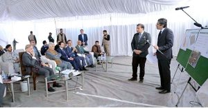 Prime Minister Muhammad Shehbaz Sharif receives briefing during his visit to the construction site of Jinnah Medical Complex and Danish University.