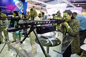 Army officer setting target in simulation stall of Research and Development Establishment (RDE) of Pakistan Army 2nd Edition of Pakistan International Maritime Expo and Conference 2025 at Expo Centre
