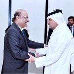 President Asif Ali Zardari shaking hands with H.E. Sheikh Saud bin Abdulrahman Al Thani, Deputy Prime Minister and Minister of State for Defence of Qatar
