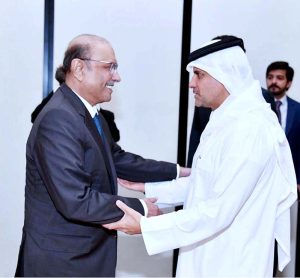 President Asif Ali Zardari shaking hands with H.E. Sheikh Saud bin Abdulrahman Al Thani, Deputy Prime Minister and Minister of State for Defence of Qatar