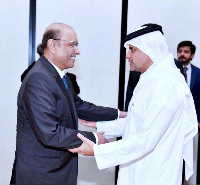President Asif Ali Zardari shaking hands with H.E. Sheikh Saud bin Abdulrahman Al Thani, Deputy Prime Minister and Minister of State for Defence of Qatar
