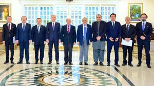 Prime Minister Muhammad Shehbaz Sharif in a group photo with the Turkish delegation led by Turkish Interior Minister Ali Yerlikaya
