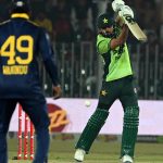 Pakistani batter Babar Azam plays a shot during the second one day international cricket match between Pakistan and Sri Lanka at Pindi Cricket Stadium.