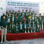 Federal Minister for Information and Broadcasting, Mr. Attaullah Tarar, in a group photo with participants of the 29th Boys and 24th Girls Age Group National Swimming Championship 2025 after distributing prizes among them