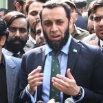 Federal Minister for Information and Broadcasting Attaullah Tarar talking to the media at outside the Judicial Complex