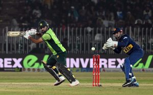 Pakistani batter Babar Azam plays a shot during the second one day international cricket match between Pakistan and Sri Lanka at Pindi Cricket Stadium.